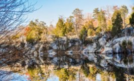 Black Pond reflects bedrock bluffs and evergreen trees.