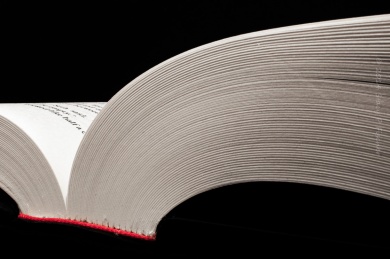 Close-up view of the pages of an opened book, looking from the bottom of the book laid flat.