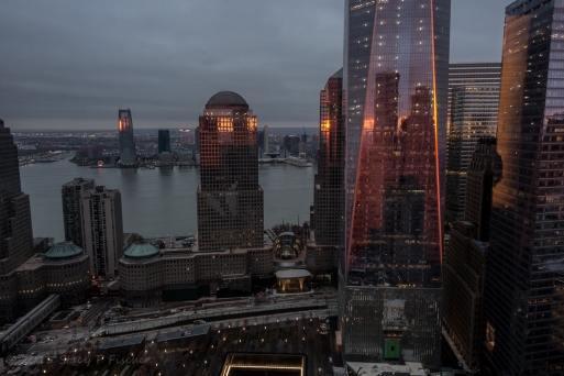 One World Trade Center and surrounding buildings, sunrise