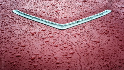 Red Thunderbird hood after rain